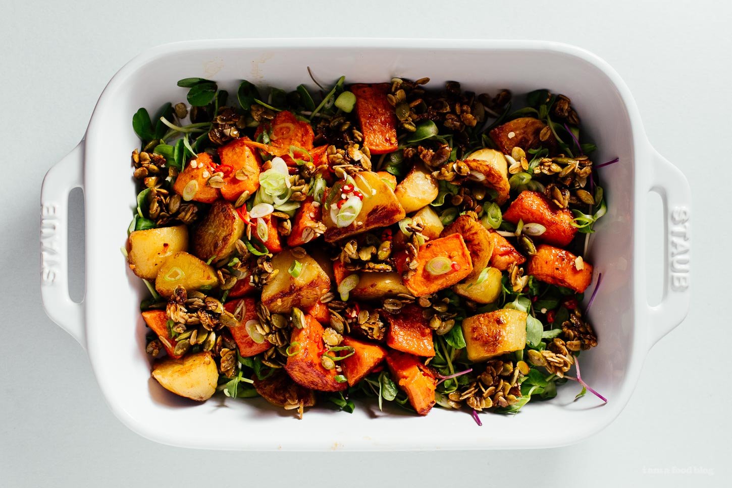 chili roasted potatoes and sweet potatoes with savory crunchy granola | www.iamafoodblog.com