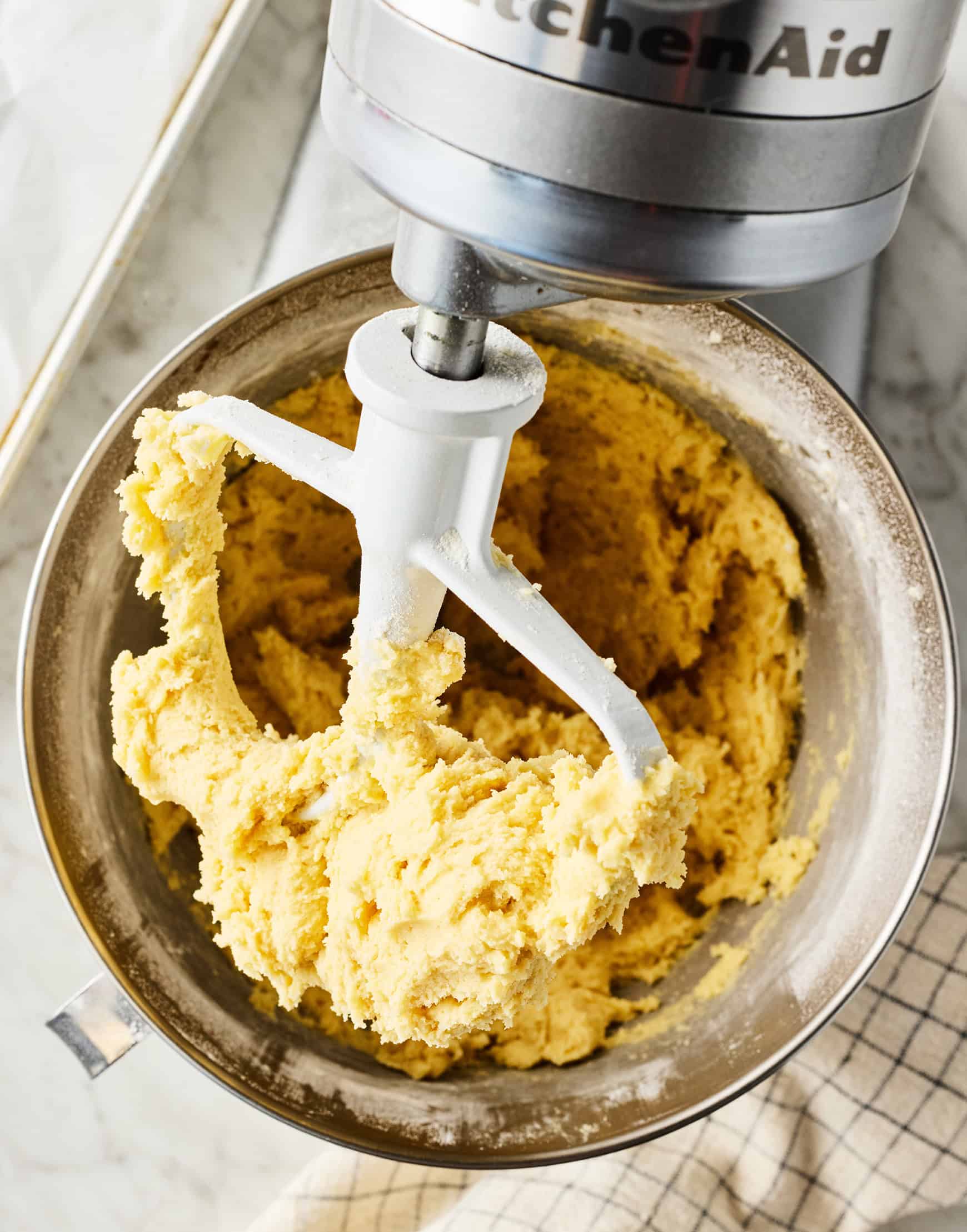 Sugar cookie dough in stand mixer