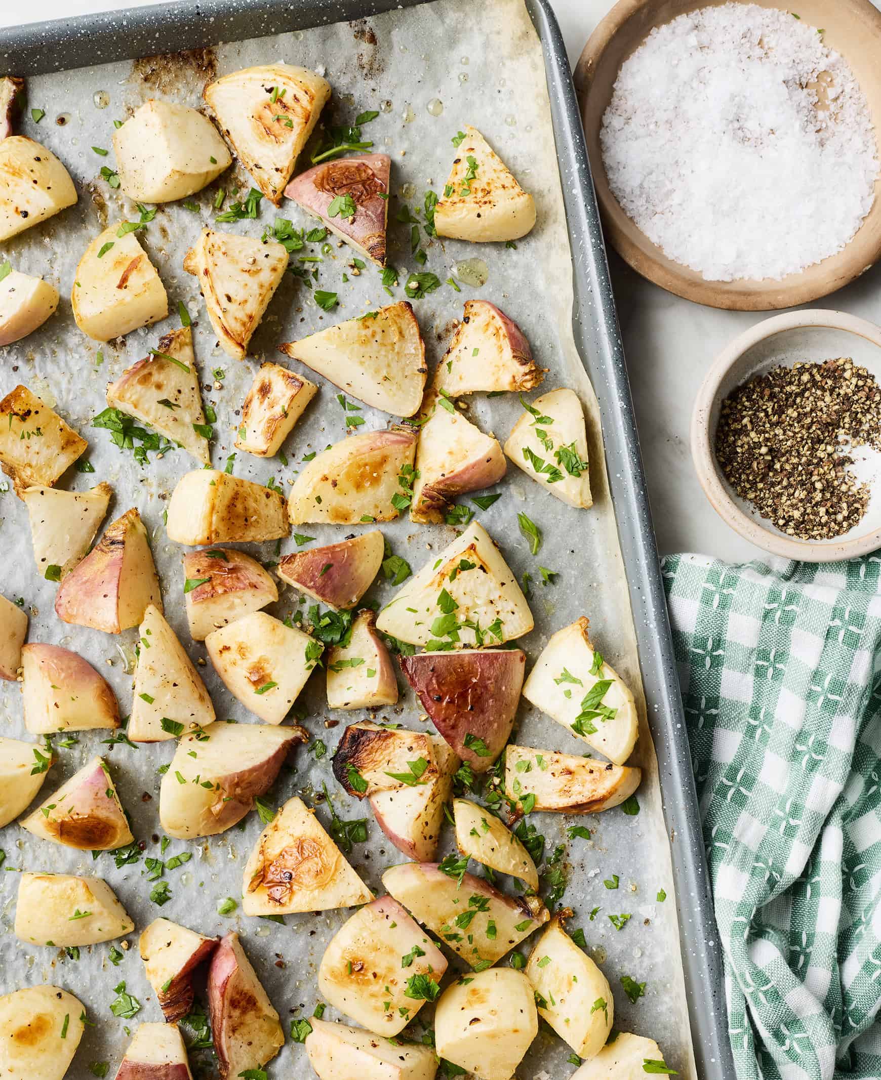 Roasted turnips on a baking sheet
