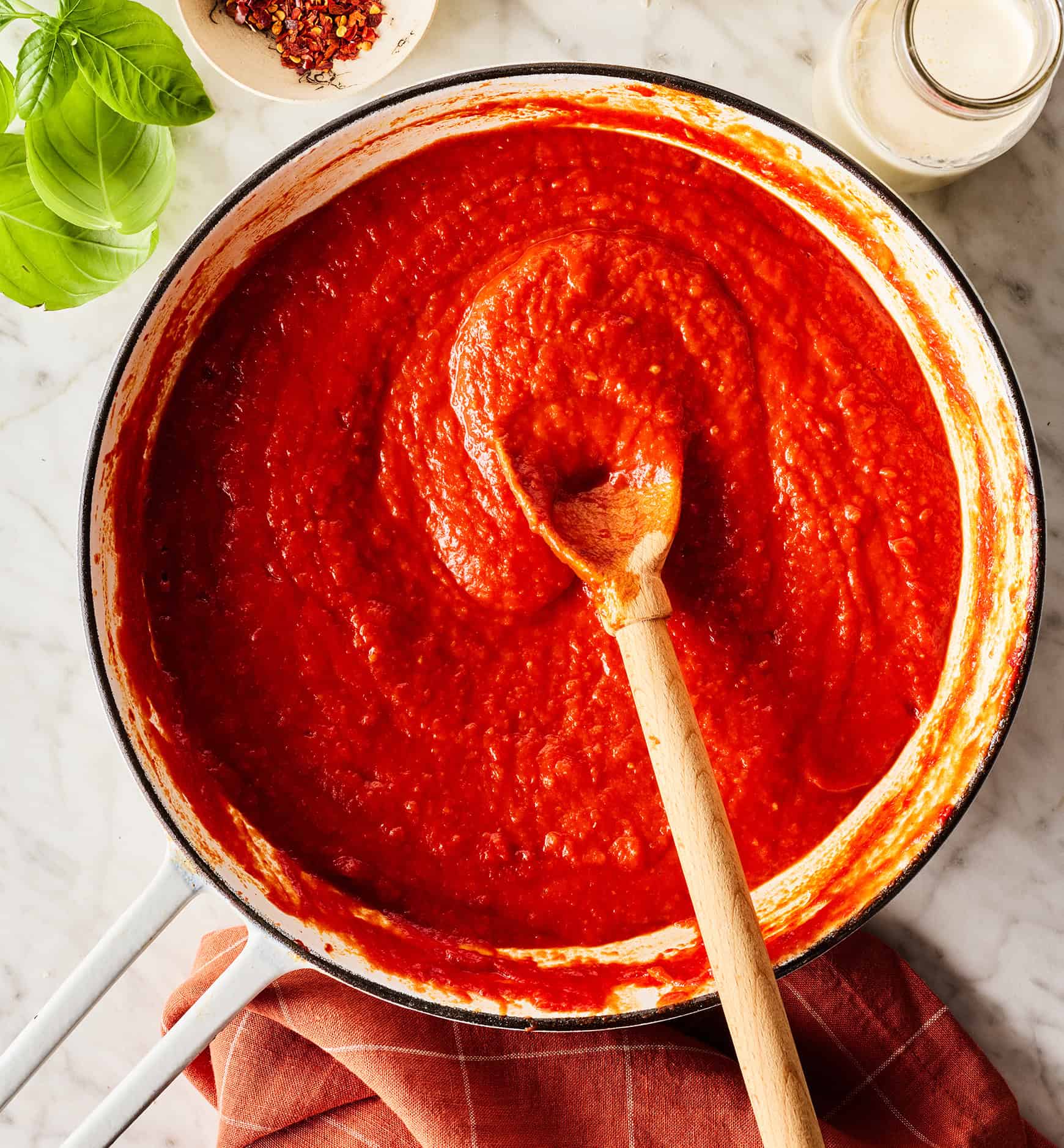 Blended tomato sauce in skillet
