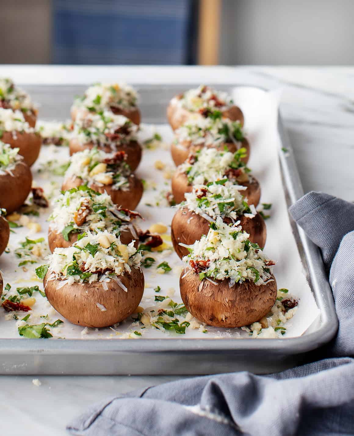 Stuffed mushrooms on a baking sheet