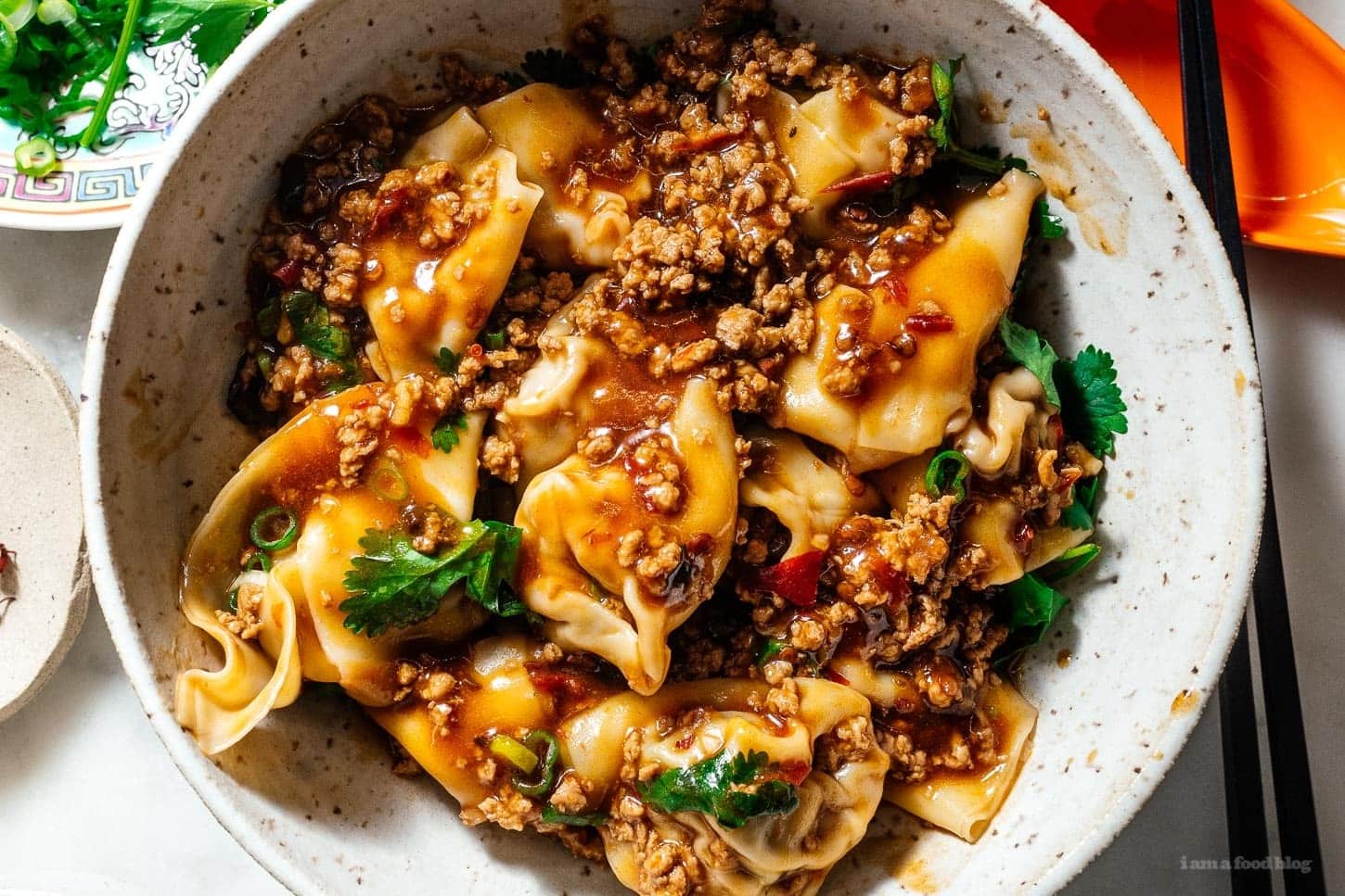 turkey wontons in turkey mapo sauce | www.iamafoodblog.com