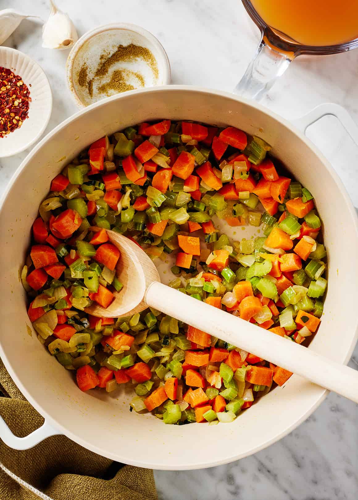 Sautéing onion, carrot, and celery in Dutch oven